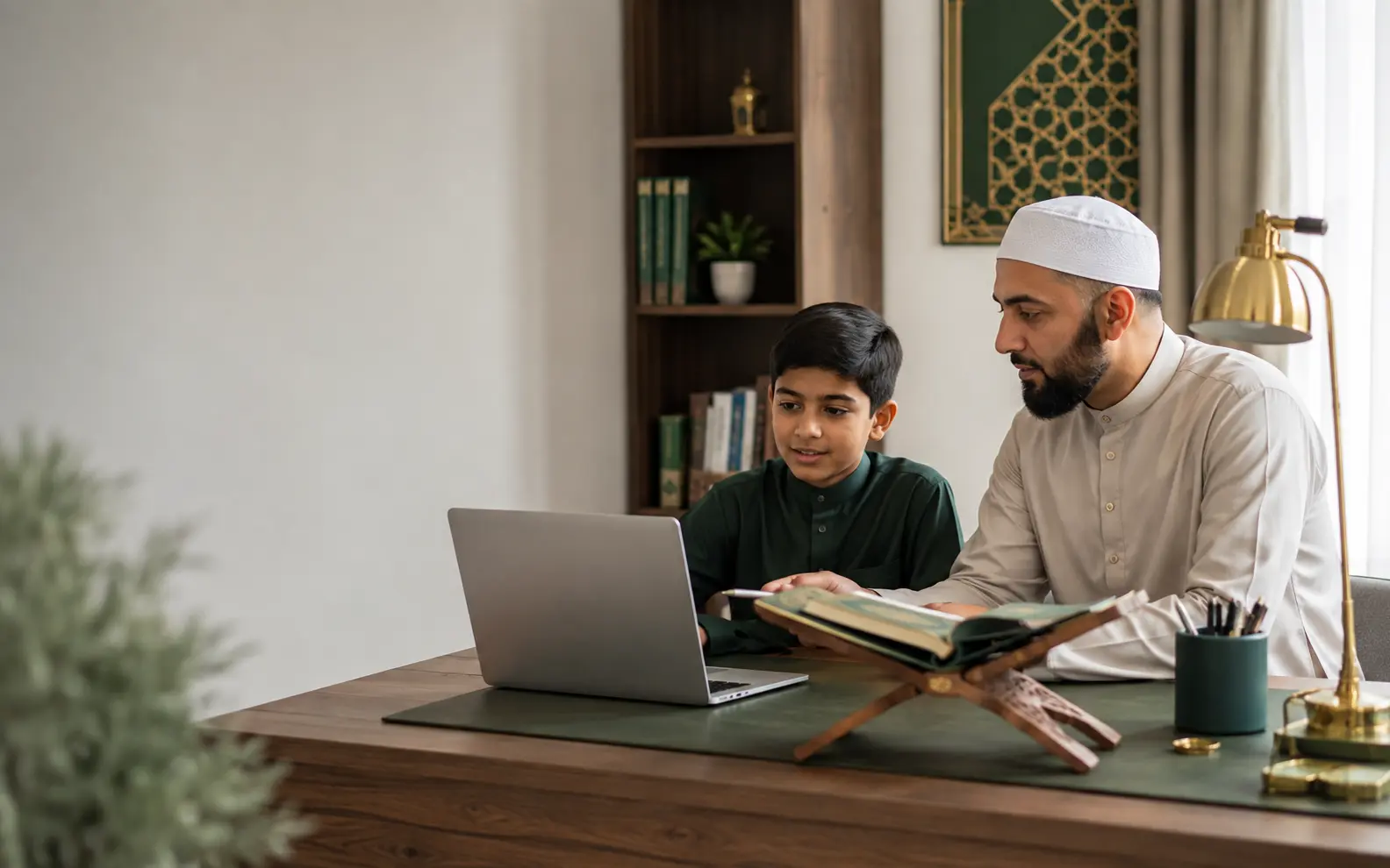 A father supporting his son during an online Quran lesson at home