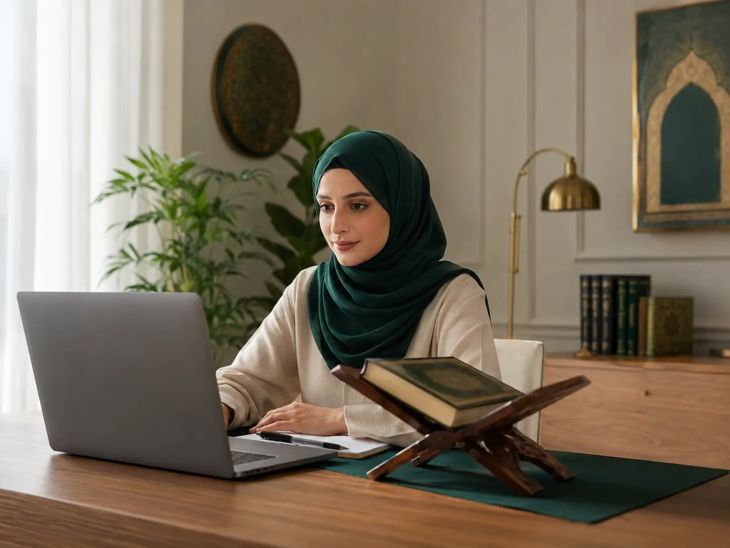 A Muslim woman attending a private online Quran lesson